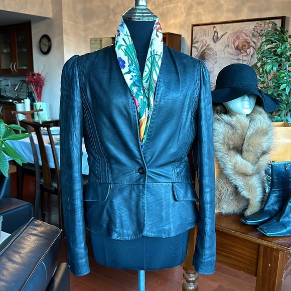 Just Cavalli Black Leather blazer jacket Small Size 40 quilted interior Y2K - Picture 14 of 14